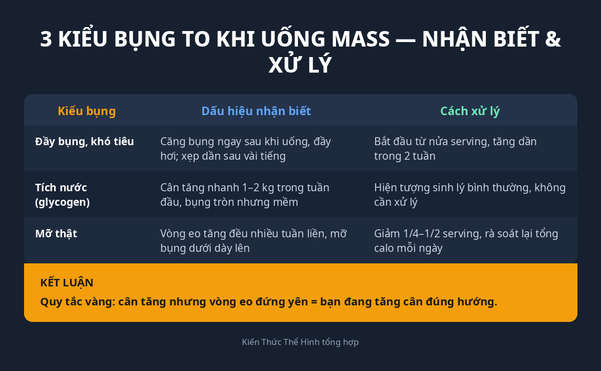 Uống Mass Gainer Có Bị Tăng Mỡ Bụng Không? Cách Uống Tăng Cân Mà Không Béo Bụng 1 Infographic 3 kiểu bụng to khi uống mass gainer: đầy bụng khó tiêu, tích nước glycogen, mỡ thật — cách nhận biết và xử lý