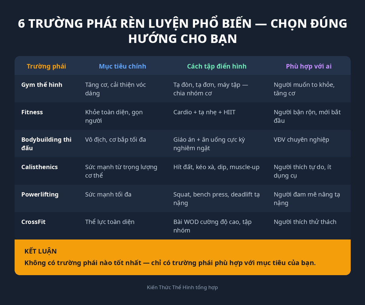 Thể Hình Là Gì? Cẩm Nang Từ A-Z Cho Người Mới Bắt Đầu Tập Luyện 1 Infographic so sánh 6 trường phái rèn luyện thể hình: gym thể hình, fitness, bodybuilding thi đấu, calisthenics, powerlifting, crossfit — mục tiêu, cách tập và đối tượng phù hợp