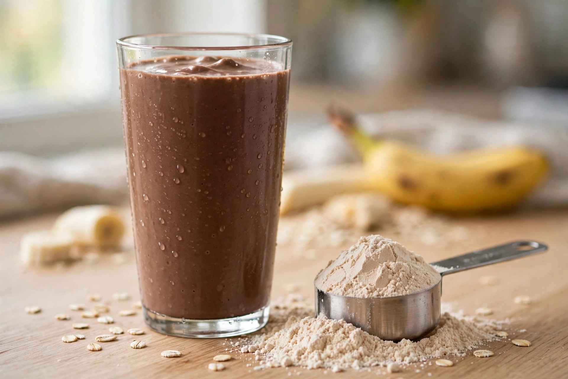 Ly sữa mass gainer socola với muỗng bột bên cạnh