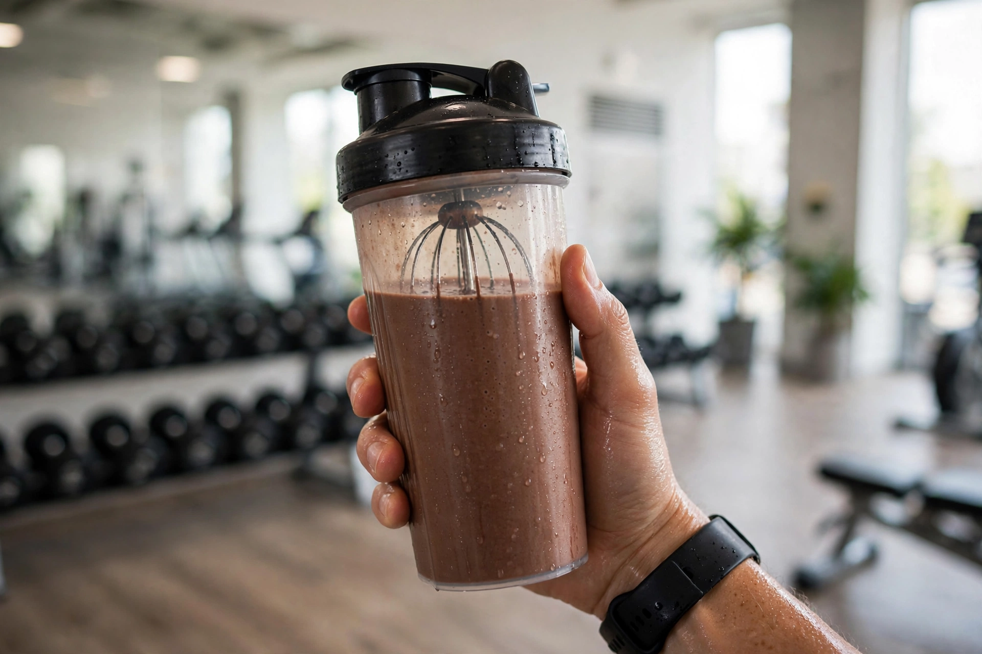 Người tập gym cầm bình lắc whey sau buổi tập
