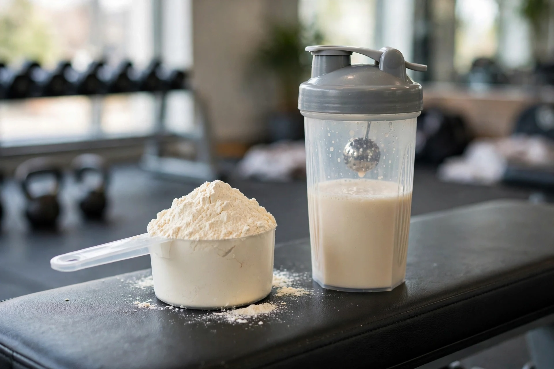 Muỗng whey protein và bình lắc trên bàn tập gym